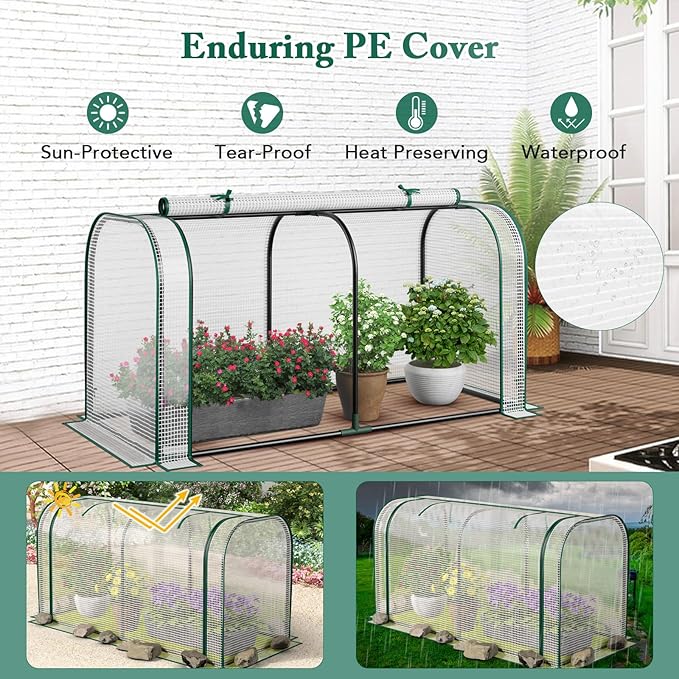 Toolsempire Raised Garden Bed with Greenhouse, Waterproof Sun-Protective Green House with Roll-Up Door & Electroplated Metal Frame, Fir Wood Elevated Planter Box with Drainage Holes(White+Natural)