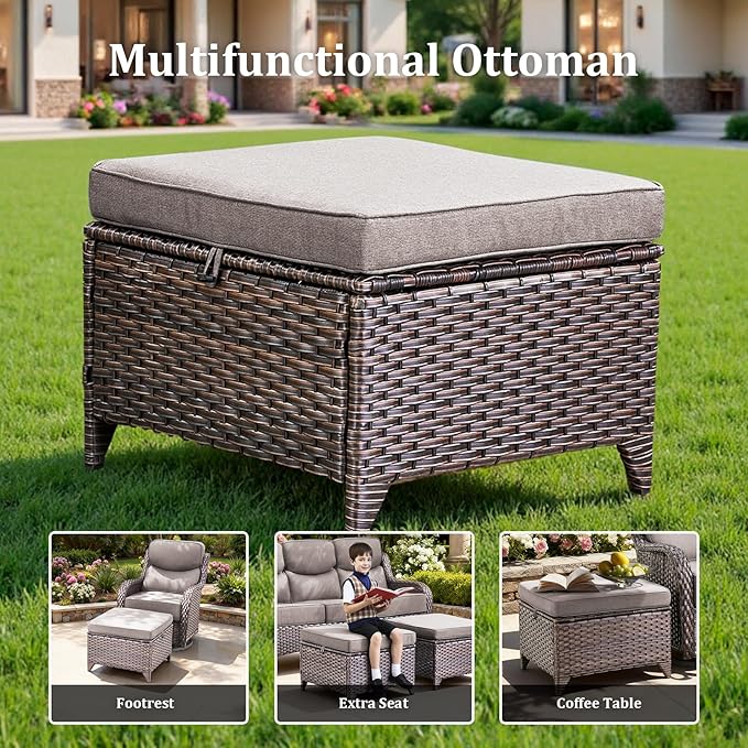 Luxury High Back Patio Furniture Set with 6-Inch Thick Cushions, 6-Pieces Outdoor Furniture with Swivel Chairs, Wicker Conversation Set for Porch, Balcony, Deck and Yard, Brown/Grey