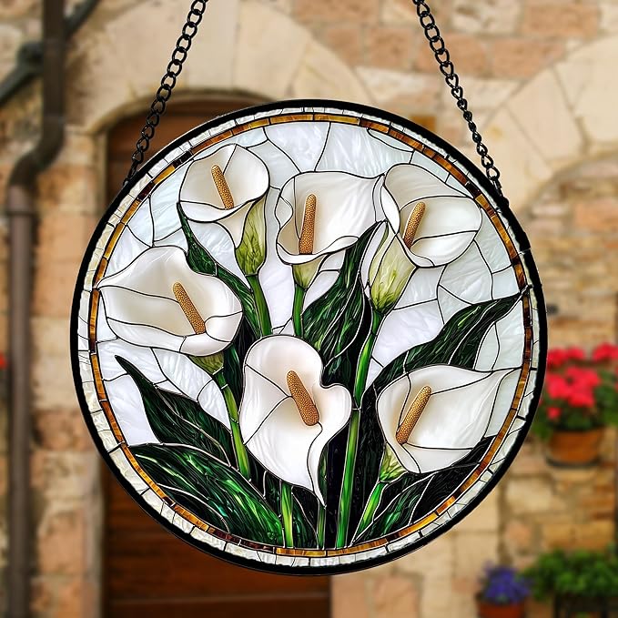 DASTOLL Stained Glass Window Hanging, White Calla Lily Flowers Sun Catchers Glass Panel Plant Suncatcher Decor for Birthday for Women, Men, Wife, Aunt, and Mom 11.8x11.8 in