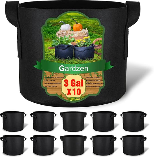 Gardzen 10-Pack 3 Gallons Grow Bags, Aeration Fabric Pots with Handles, Heavy Duty Cloth Pots for Plants