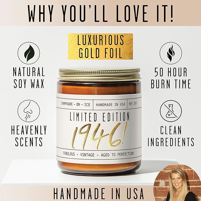 80th Birthday Gifts for Women - 'Limited Edition 1946' Soy, w/Champagne on Ice I 1946 Birthday Gifts for Women I 16oz Reusable Jar, 50Hr Burn, Made in USA