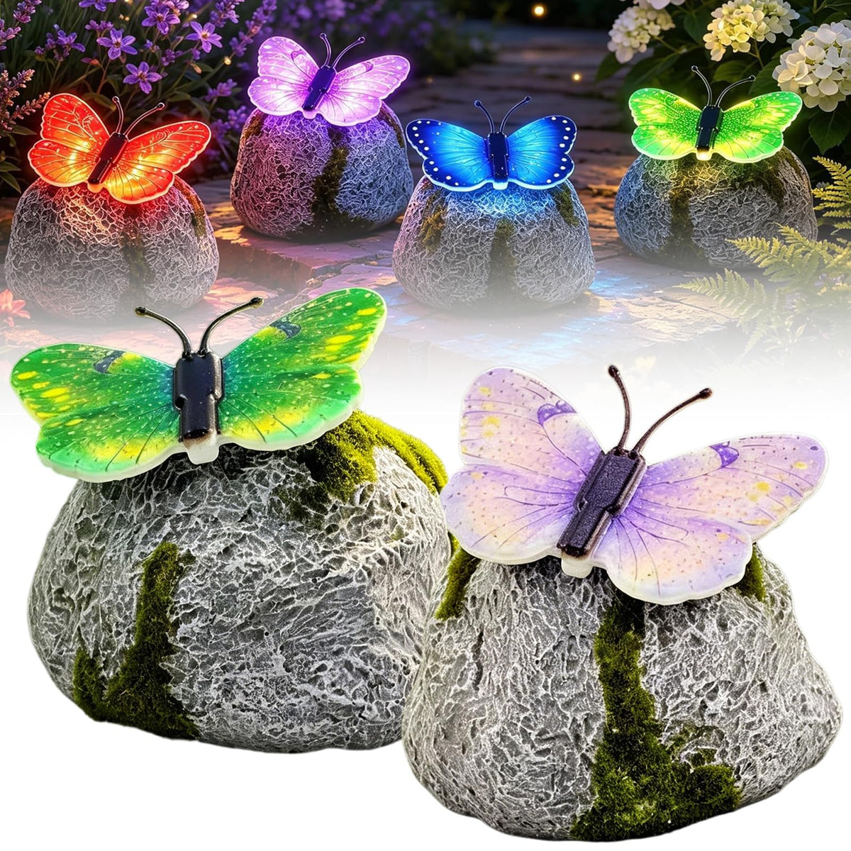 Solar Illuminated Butterfly Stone Garden Light, LED Butterfly Garden Statue with Sparkling Light-Up Wings, Glowing Landscape Rock Figurine Lamp for Flower Bed,Patio,Yard Decor Gift (Green+Purple)