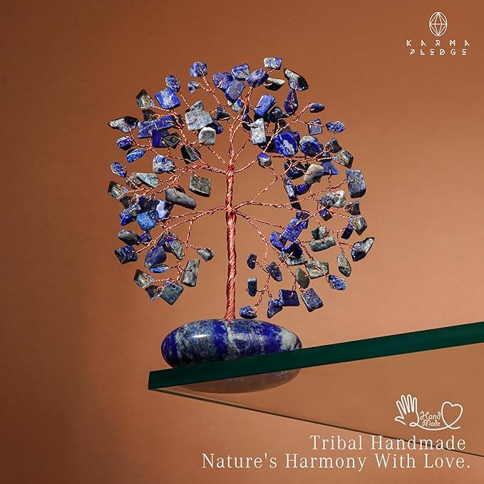 Crystal Tree of Life Home and Office Feng Shui Decor, Lapis Lazuli Healing Crystal Handmade Bonsai Tree for Positive Energy, Good Luck, Money, Christmas Decor, Birthday Gifts for Women, Mom