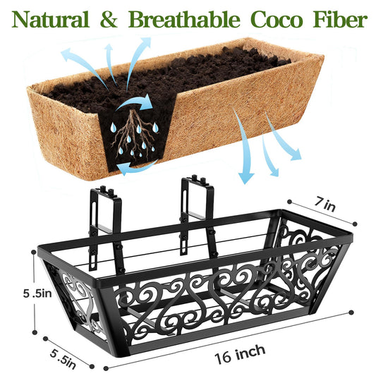 EINYEXW 4 Pack 16 Inch Deck Railing Planter Box - Window Boxes Planters with Adjustable Brackets Coco Liners Balcony Planters Railing Hanging for Window Flower Boxes Outdoor Garden Decor