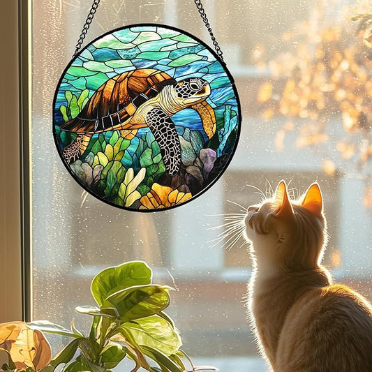 HWRHTR Stained Glass Window Hanging - Cute Sea Turtle Suncatcher for Door Garden Yard Blue Ocean Sun Catchers Decor Christmas Mother's Day Birthday Children's Gifts for Women Mom Nana Friend 15 in