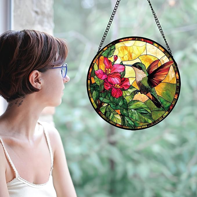 Stained Glass Suncatcher, Hummingbird Red Flowers Green Leaves Sun Catcher Stain Glass Window Hanging Decoration Mother's Day Birthday Gifts for Bird Lover Women Men Mom Nana 11.8 in