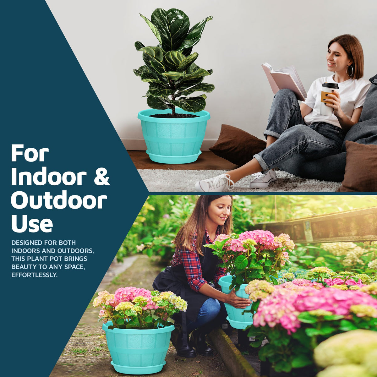 10-Inch Whiskey Barrel Planters Outdoor Pack of 2 - Durable Plastic Plant Pots for Indoor & Outdoor Use with Drainage & Saucer, Lightweight Rustic Barrel Planters for Flowers, Herbs & Small Plants