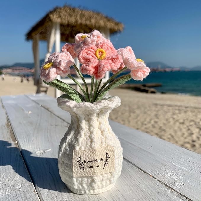YOOJEE Forget-me-not Crochet Flower Potted Plant Pink - Handmade Desk Decor Valentines Day Gifts for Her Girlfriend Wife Mom Friends Sister Graduation Birthday Wedding Anniversary Home Decoration