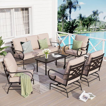 Sophia & William 6 Piece Patio Furniture Set, Outdoor Conversation Sets 7 Seat Clearance with 3-seat Sofa x 1, Rocking Chair x 4, Metal Coffee Table x 1 for Front Porch Lawn, Beige