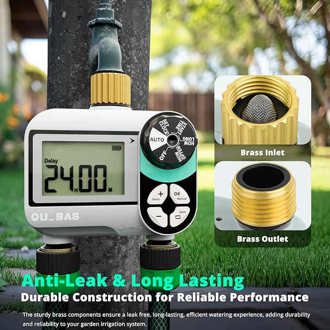 [2 Pack] QUOBAS 2 Zone Water Timer for Garden Hose, Automatic Sprinkler Timer with Dual Outlets, Heavy Duty Brass Fittings, Leak-Free, Programmable, for Lawn Watering and Drip Irrigation System