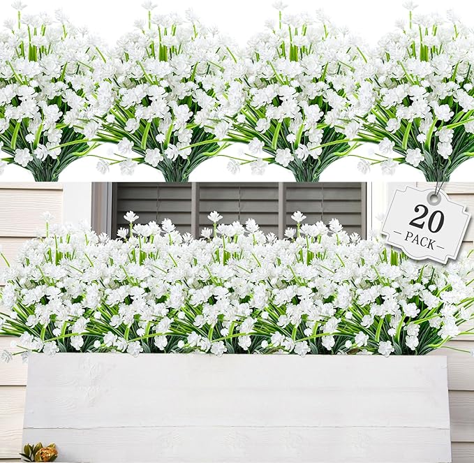 AmyHomie 20 Bundles Artificial Flowers for Outdoor Outside Spring Summer Decoration UV Resistant Faux Flowers No Fade Fake Plastic Plants Garden Porch Window Box Decorating (Pure White)