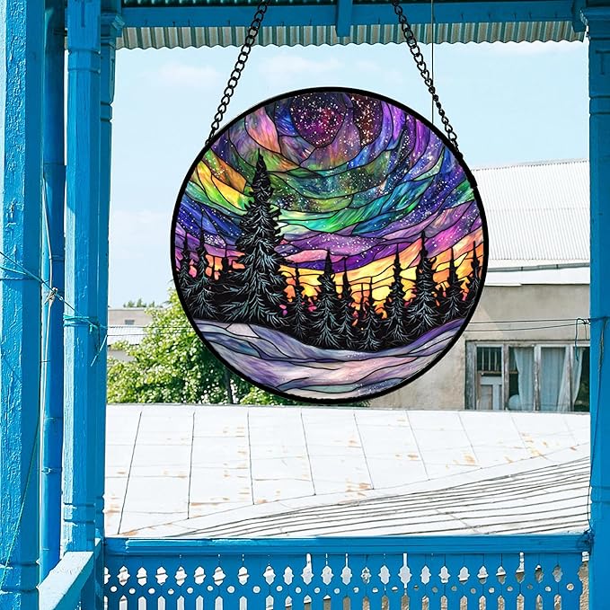 Stained Glass Window Hanging, Van Gogh Night Scene Sun Catchers Colorful Glass Panel Starry Sky Suncatcher Decor for Birthday for Women, Men, Wife, Aunt, and Mom 14.9x14.9 in