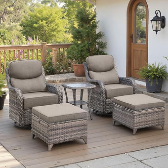 Belord Luxury 6" Thick Cushioned 5 Pieces Patio Furniture Set with 2 Ottomans, Wicker Outdoor Conversation Set with High Back Swivel Rocker Patio Chairs for Deck Porch Yard and Poolside - Grey+Grey