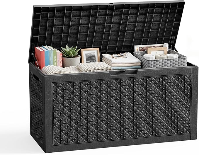 110 Gallon Resin Deck Box, Lockable Patio Outdoor Storage Box for Furniture, Garden Tools and Tools Storage, Waterproof Outside Storage Boxes - Patterned black