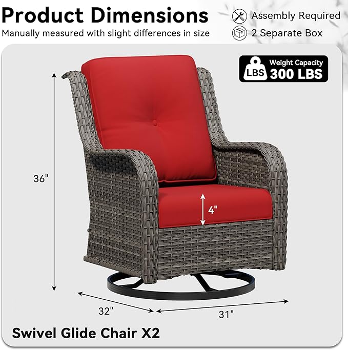 Swivel Rocker Patio Chairs Set of 2 - Outdoor Wicker Patio Furniture Set 2 Pieces with Thickened Olefin Cushions, High Back and Deep Seating, Hand-Woven PE Rattan for Porch, Deck, Red