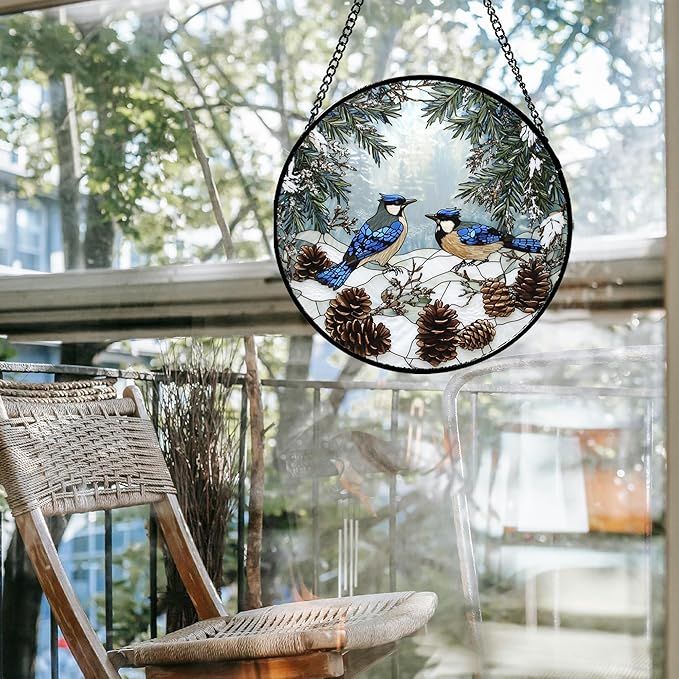 HWRHTR Stained Glass Window Hanging - Blue Bird Winter Forest Landscape Suncatcher for Door Garden Yard Sun Catchers Decor Christmas Mother's Day Birthday Gifts for Women Mom Nana Friend 9.8 in