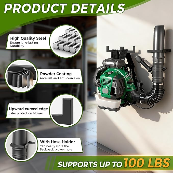 Backpack Leaf Blower Hanger with Hose Holder,Heary Duty Backpack Blower Sprayer Rack,Backpack Blower Wall Mount,Backpack Hanger for Weed Eater,Hedge Trimmer,Chain Saw,Garage Organizer Storage(2 PCS)