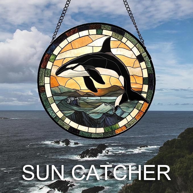 Stained Glass Window Hanging Ocean Wave Killer Whale Large 15" - Suncatcher Door Garden Sunroom Sun Catcher Home Decor Birthday Christmas for Mom Men Woman Nana