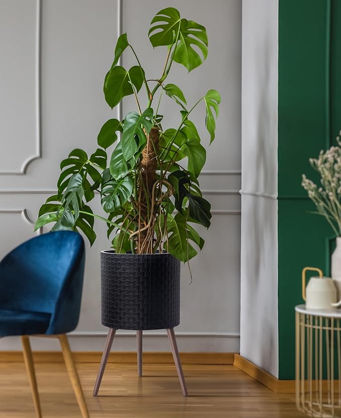 D'vine Dev 16 Inch Modern Geometric Tile Patterned Sleek Planter Pot with Stand, Indoor Outdoor Decorative Plant Holder, Matte Black, 88-Z-E-2