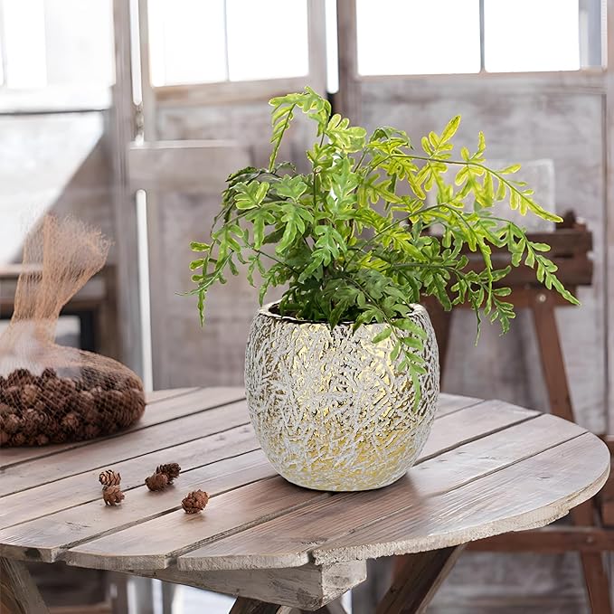 Ceramic Plant Pots for Plants Indoor 5.3 Inch Round Gold and White Flower Pot Gilded Decorative Planter with Drainage Hole and Saucer Modern Ceramic Pot for Succulents Orchids Cactus Herbs Home Decor