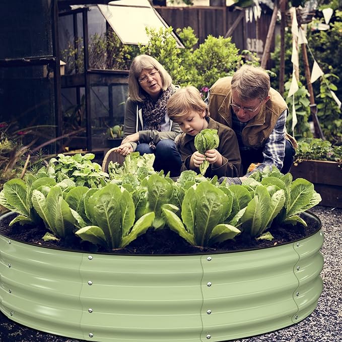 Raised Garden Bed Kit, 4x4x1 ft Round Galvanized Planter Box Outdoor with Safety Edging, Large Metal Raised Beds for Gardening Vegetables Flower Fruits (Avocado Green)