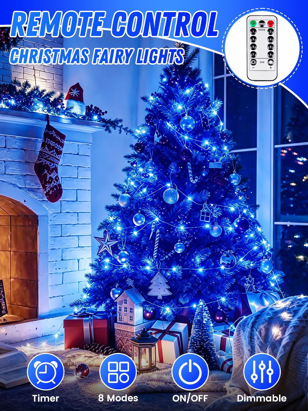 2 Pack 100 LED Fairy Lights Battery Operated with Remote Timer, 33 FT Blue