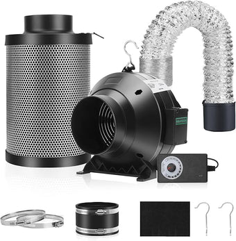 MELONFARM Air Filtration Kit, 4" 190 CFM Inline Duct Fan with Speed Controller, 12" High Carbon Filter, 8 Ft Ducting & Rubber Coupler, Air Cooling and Filtration Kit for Grow Tent, Hydroponics