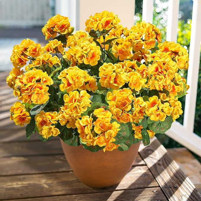 Fake Geraniums Artificial Flowers for Outdoors Winter Decoration, 6 Bundles Silk Geraniums UV Resistant Look Real Yellow Faux Flowers Plants for Front Door Garden Planter Patio Balcony Yard Home