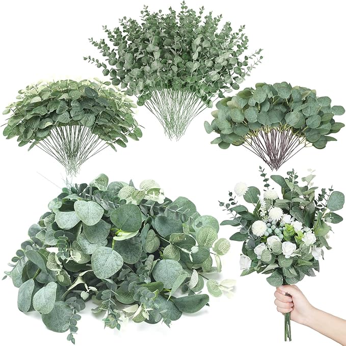 Giegxin 270 Pcs 3 Kinds Mixed Eucalyptus Leaves Stems Bulk Artificial Silver Dollar Leaves Picks Dried Eucalyptus Bundle Faux Spray for Wedding Vase Bouquet Floral Arrangement (Green)