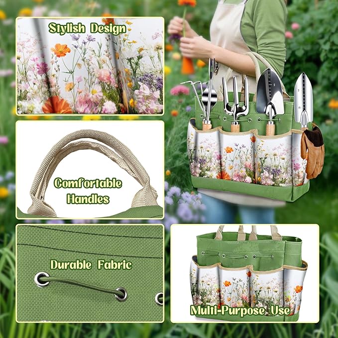 Garden Tools 9-Piece Heavy Duty Gardening Hand Tools with Floral Organizer Tote Bag, Rust-Proof Garden Tool Set, Thickened Repotting Mat, Gardening Gifts for Women Mom, Green