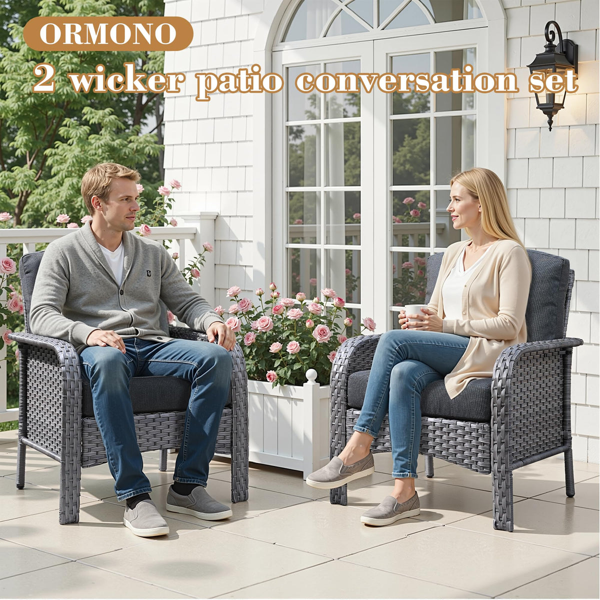 ORMONO 2 Pieces Patio Furniture Set, Two Single Chair Outdoor Furniture, All-Weather Rattan Wicker High Back Conversation Set of 2 for Small Space Porch, Backyard, Balcony, Black