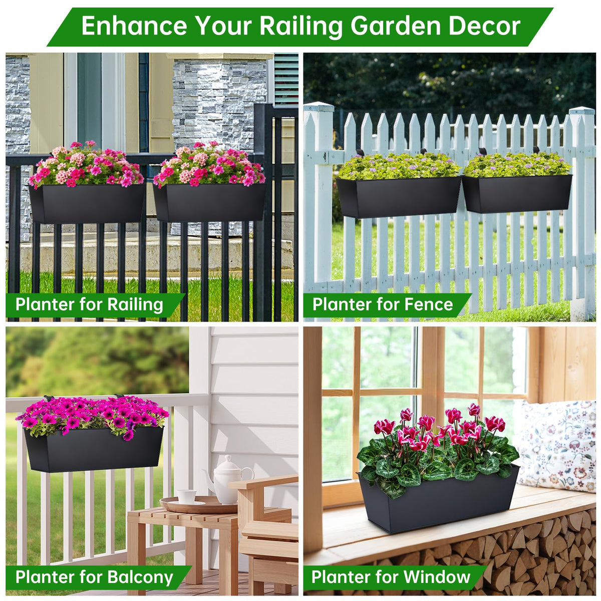 16“ Large Hanging Planters for Outdoor Plants, Railing Planter Box, 3 Pack
