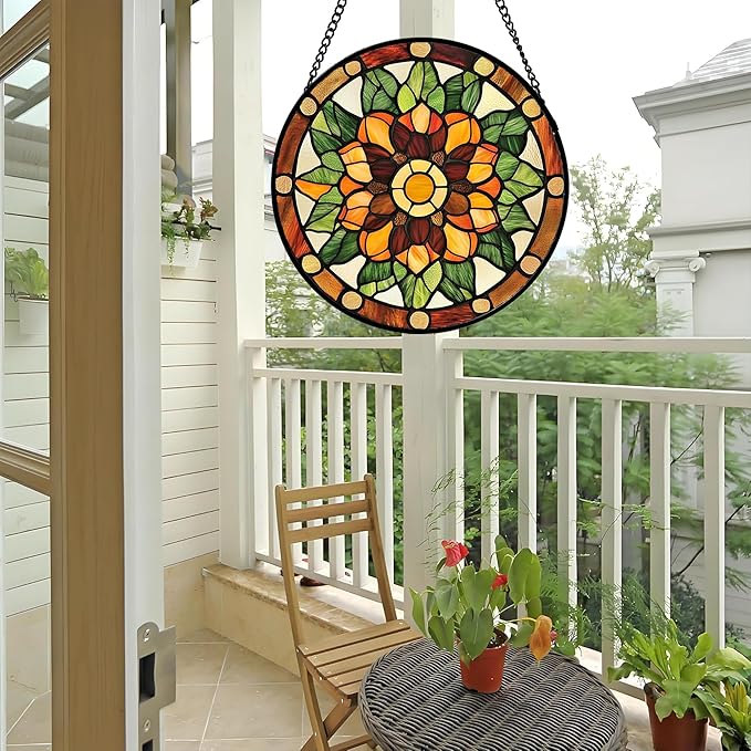 AMDERVEN Stained Glass Window Hanging - Yellow Green Boho Style Flowers Sun Catcher for Door Garden Home Decor Suncatcher Christmas Mother's Day Birthday Gifts for Women Mom Girl Nana Friend 7.8 in