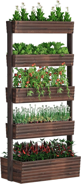 FILWH Wooden Raised Garden Bed Vertical Planter Box, Freestanding Plant Stand for Indoor Outdoor Plants, Herbs, Flowers, Vegetables, Gardening (Carbonized, 5-Tier，29.9 x 17.9 x 68in)