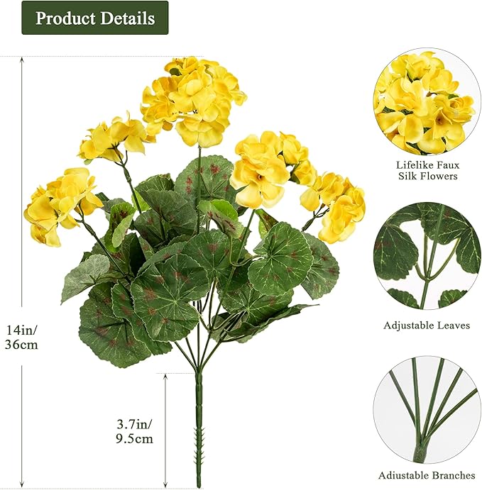 Uqueeten 4PCS Fake Flower Artificial Geranium,Artificial Flowers for Outdoors, Geraniums Artificial Flowers Realistic,Artificial Geraniums for Outdoors Fake Plant Decoration((Yellow) 14.4"