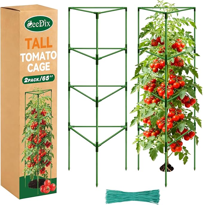 [Upgraded] ZeeDix 65 Inch Tall Tomato Cages for Garden, 2 Pack Large Plant Trellis Support Stakes for Climbing Plants, Heavy Duty Adjustable Tomatoes Cage for Pots, Raised Garden Bed Outdoor Supplies