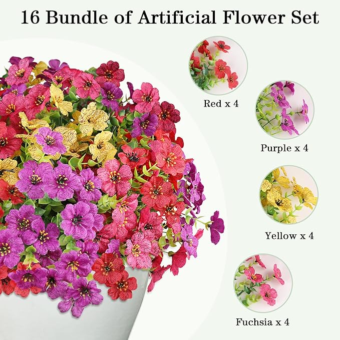 AGIRL 16 Bundles Artificial Flowers for Outdoor,No Fade Fake Plastic Flowers Faux Plants for Hanging Planters Decoration Indoor Outside Garden Porch Window Box Home Wedding