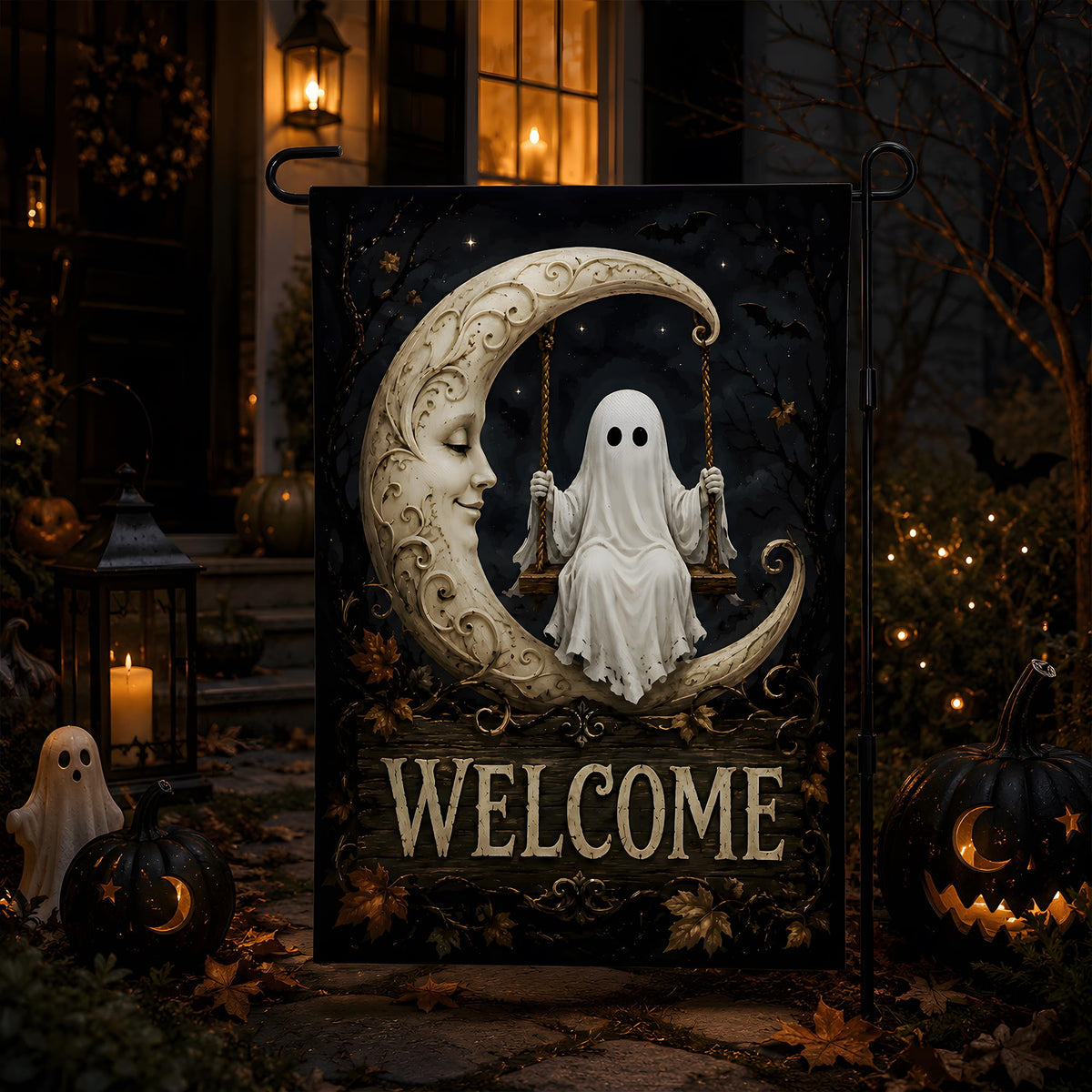 Halloween Decorations - Ghost Swinging on Moon Welcome Garden Flag