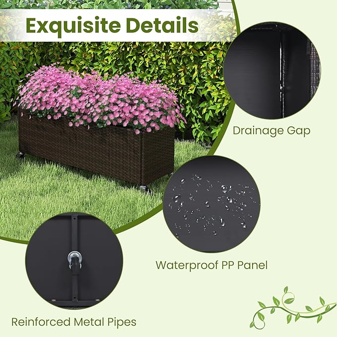 HAPPYGRILL Raised Garden Bed, All-Weather PE Rattan Elevated Planter Box w/Lockable Wheels, Liner for Growing Vegetables Flowers Herbs, Indoor Outdoor Wicker Rolling Gardening Box for Yard Patio (2)