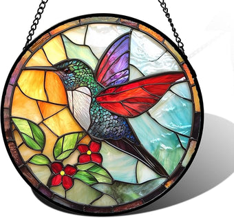 Stained Glass Window Hanging, Hummingbird Gifts Sun Catchers Diamond Glass Panel Hangings Birds Suncatcher Decor for Birthday for Women, Men, Wife, Aunt, and Mom 6.3 in