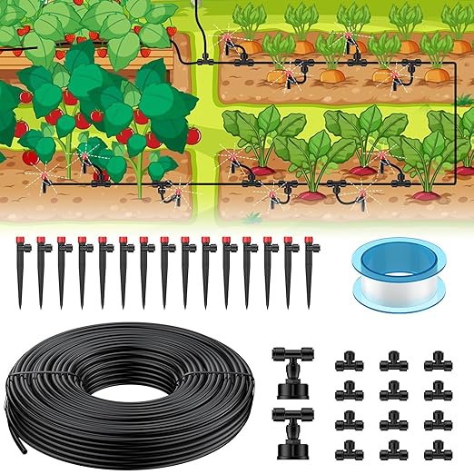 Pawfly 50ft Drip Irrigation System Kit - Quick-Connect Garden Watering System with 1/4" Tubing, Adjustable Emitters & Drip Irrigation Parts for Greenhouse, Lawn, Patio & Raised Beds