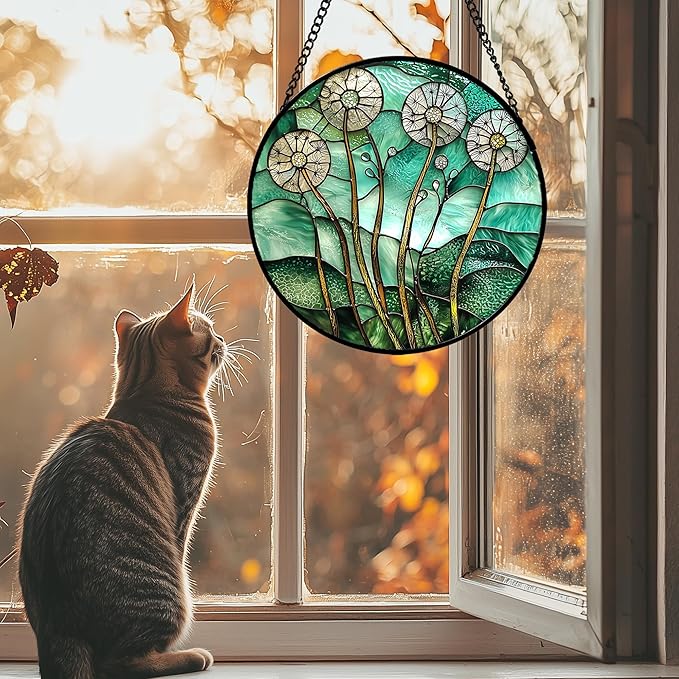 AMDERVEN Stained Glass Window Hanging, Green Abstract Lotus Leaves Tree Sun Catcher for Window Door Home Decor Plant Suncatcher Christmas Mother's Day Birthday Gifts for Women Men Mom Nana 15 in