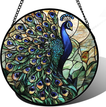 DASTOLL Stained Glass Window Hanging, Blue Green Peacock Decor Suncatcher for Door Garden Home Decoration Bird Sun Catchers Christmas Mother's Day Birthday Gifts for Women Men Mom Nana Friend 11.8 in