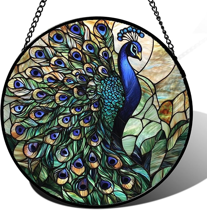 DASTOLL Stained Glass Window Hanging, Blue Green Peacock Decor Suncatcher for Door Garden Home Decoration Bird Sun Catchers Christmas Mother's Day Birthday Gifts for Women Men Mom Nana Friend 9.8 in