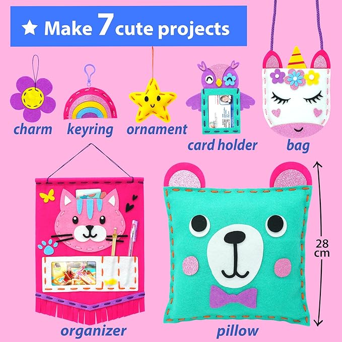 KRAFUN My First Sewing Kit for Beginner Kids Arts & Crafts, 7 Easy DIY Projects of Stuffed Animal Dolls and Plush Pillow Craft, Instructions & Felt, Gift for Girls, Boys, Learn to Sew, Embroidery