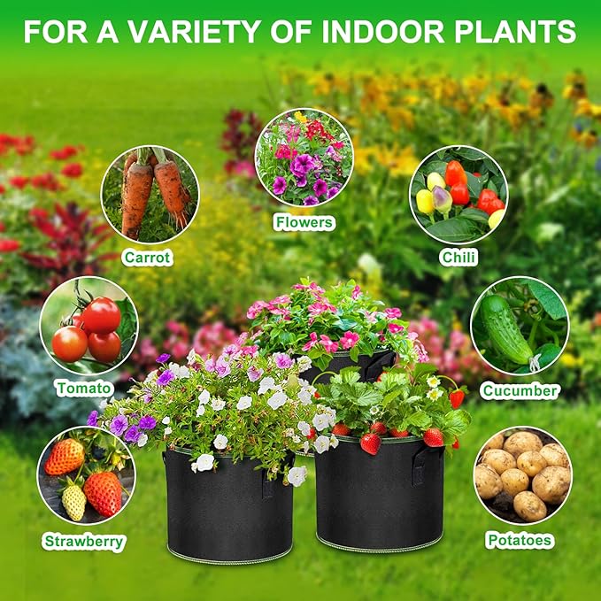 MEKOLIFE 5 Gallon Fabric Grow Bags 6-Pack, Thickened Aeration Planter Bags with Handles Plant Tags Seedling Bags for Outdoor Indoor Vegetable Garden, Black
