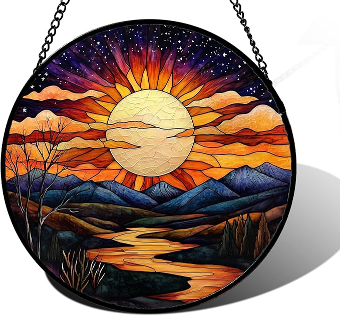 DASTOLL Stained Glass Window Hanging, The Sun Shines Brightly on Lake Sun Catchers Colorful Glass Panel Suncatcher Decor for Birthday for Women, Men, Wife, Lovers, and Mom 6.3 in