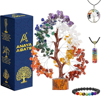 ANAYA AGATE 7 Chakra Healing Crystal Tree of Life Kit, Bracelet, Pendant, Necklace, Feng Shui Money Bonsai Tree, Positive Energy for Women, Mom, Sister and Housewarming Decoration