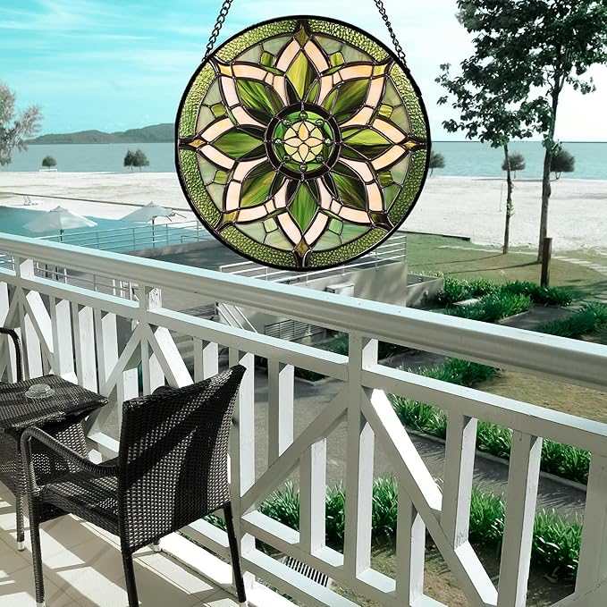 HWRHTR Stained Glass Window Hanging - White Green Boho Flower Suncatcher for Doors Window Home Sun Catchers Decor Christmas Mother's Day Birthday Gifts for Teacher Women Men Mom Nana 9.8 in