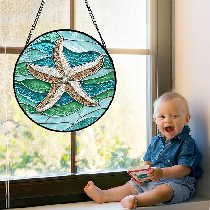 DASTOLL Stained Glass Window Hanging Teal Sea Waves Starfish 7.8" - Suncatcher Door Garden Sun Catcher Home Decor Birthday Mother's Day for Mom Men Woman Parents Her Child Nana